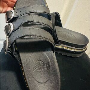 Dr. Martens Black Triple-Buckle Slide Sandals with Yellow Stitching
